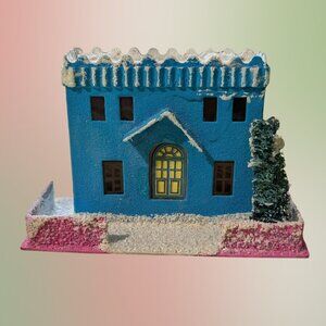Vintage 1950s Christmas Japanese Putz House Blue Cardboard Town Hall